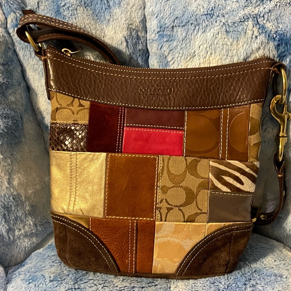 Coach Patchwork Shoulder Bag Leather Suede Signature Canvas Y2K Boho - Picture 3 of 10